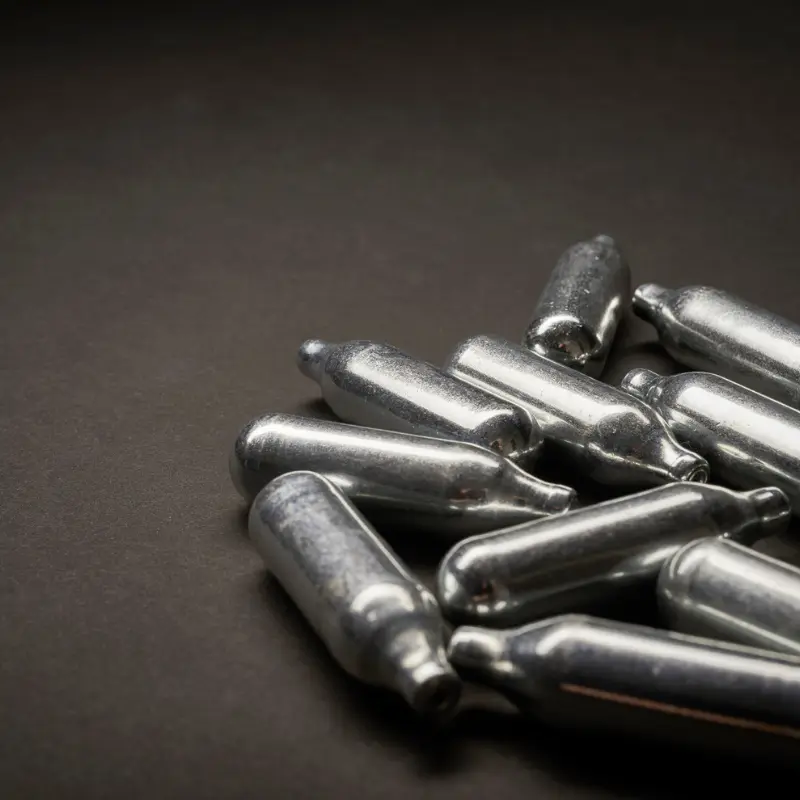 a pile of nitrous oxide cannisters against a dark background