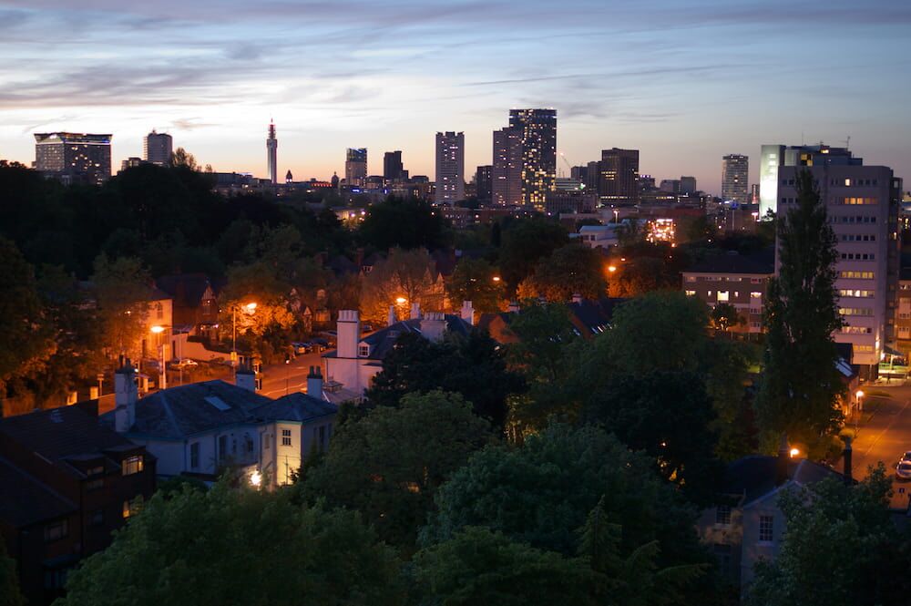 Drug and Alcohol Rehab Edgbaston Aerial Nightview of skyline