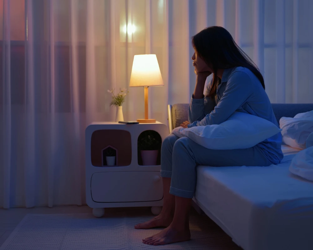 Is Melatonin Addictive? a woman sat on edge of bed who can't sleep