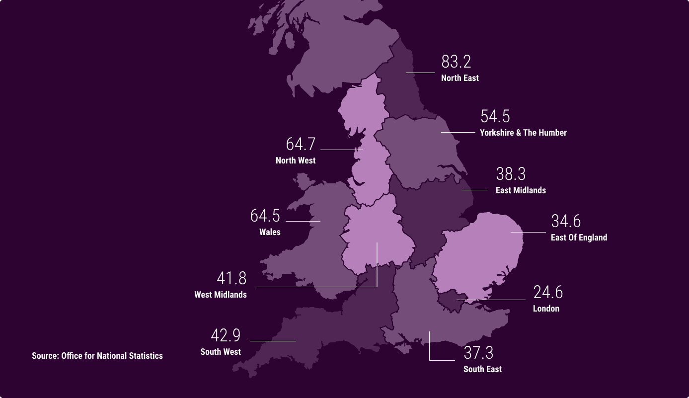 The heatmap shows areas within England and Wales with the highest drug related deaths in 2017