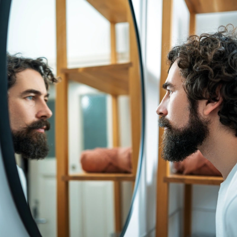 A man looking at his reflection in the mirror
